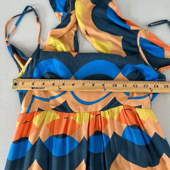 Olivaceous Tie Back Midi Dress Size M Chevron Orange Blue Tiered Boho - Picture 4 of 9